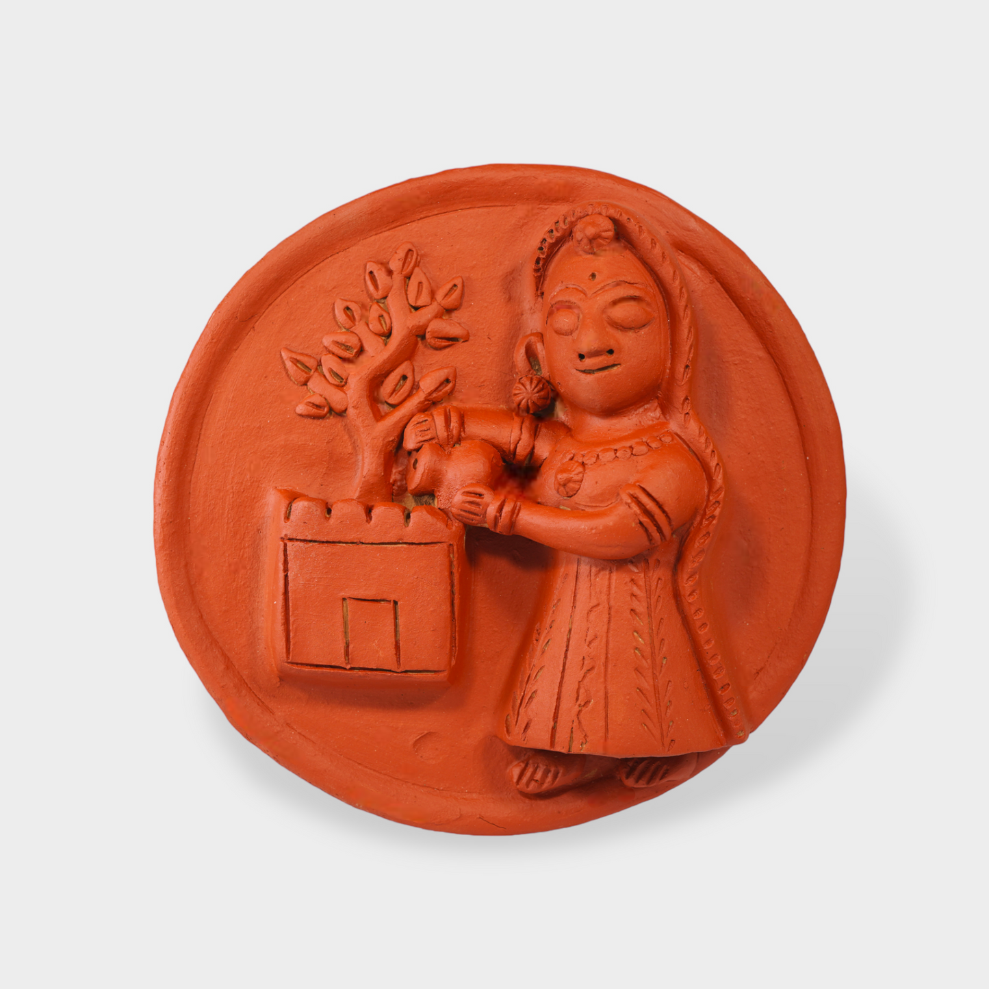 Molela Wall Plate - Woman worshipping Tulsi plant 8"