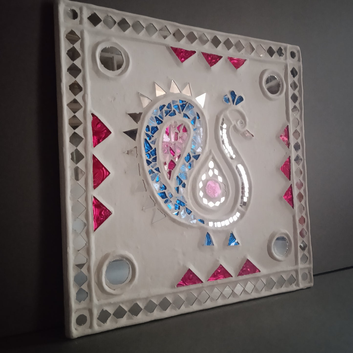 Peacock - Lippan/Mud n Mirror work frame ( 12" x 12" x 0.5")