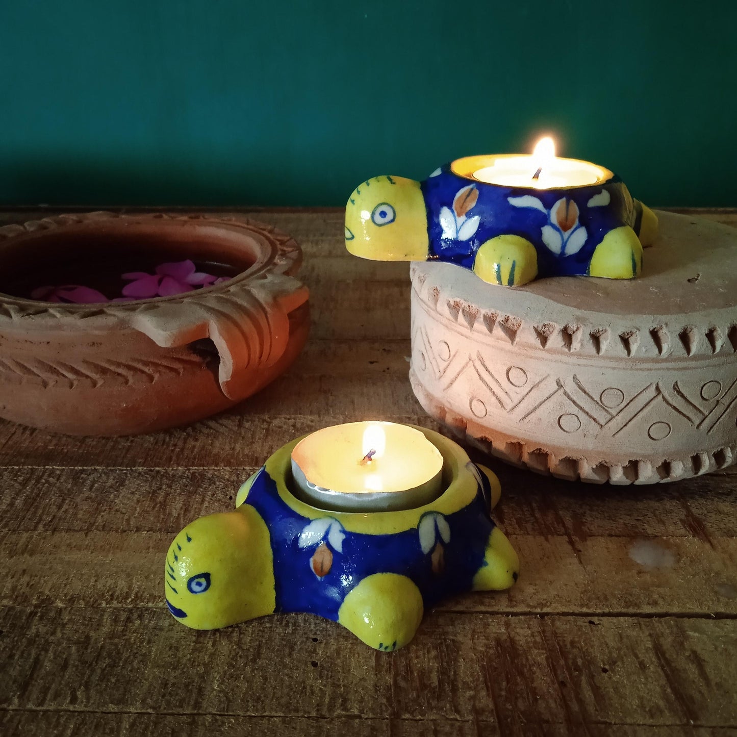 Blue Pottery Tortoise T Light Holder Blue (Set of 2)