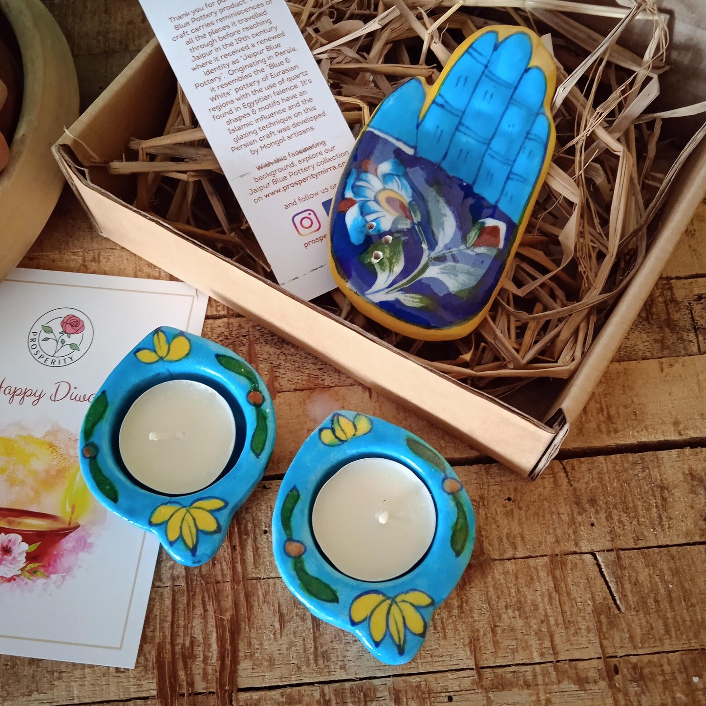 Blue Pottery Leaf T Light Holder (Set of 2) & Incense stick holder