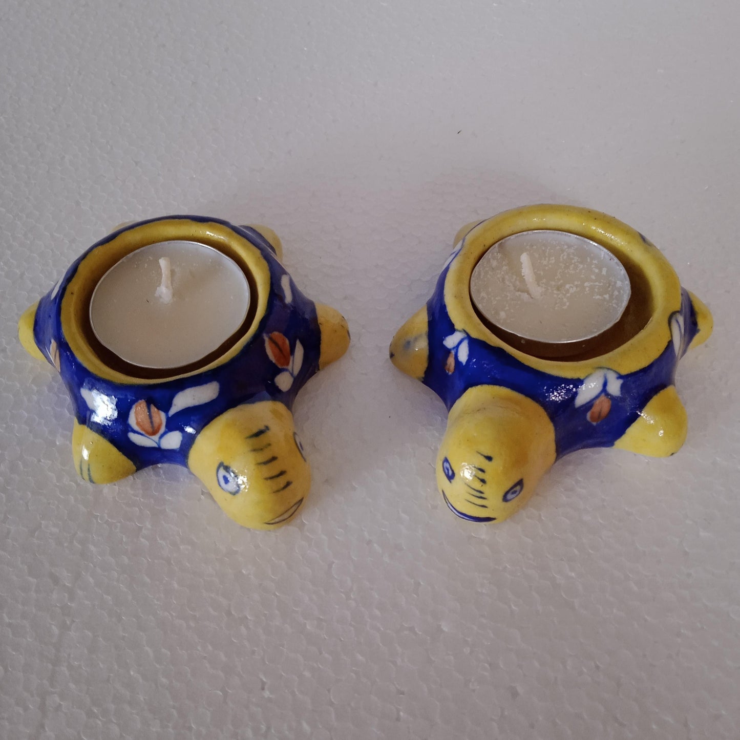 Blue Pottery Tortoise T Light Holder Blue (Set of 2)