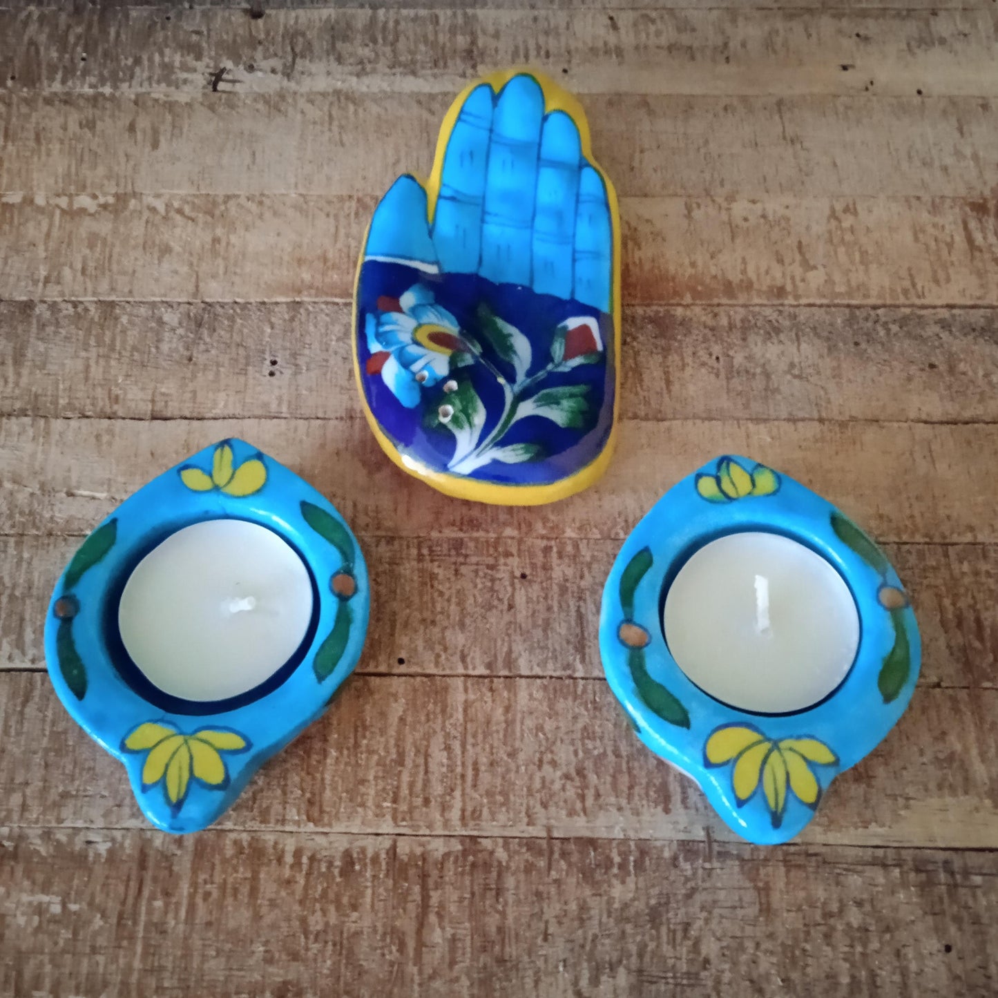 Blue Pottery Leaf T Light Holder (Set of 2) & Incense stick holder