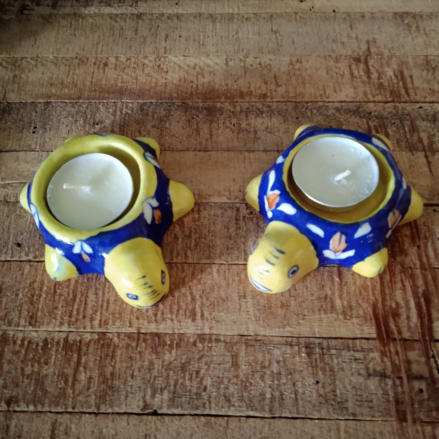 Blue Pottery Tortoise T Light Holder Blue (Set of 2)