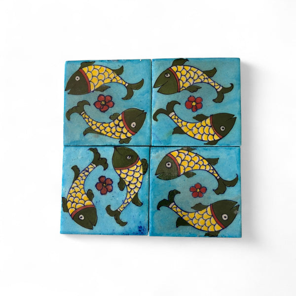 Blue Pottery Tiles Set of 4 Handcrafted Decorative Tiles (4" x 4")