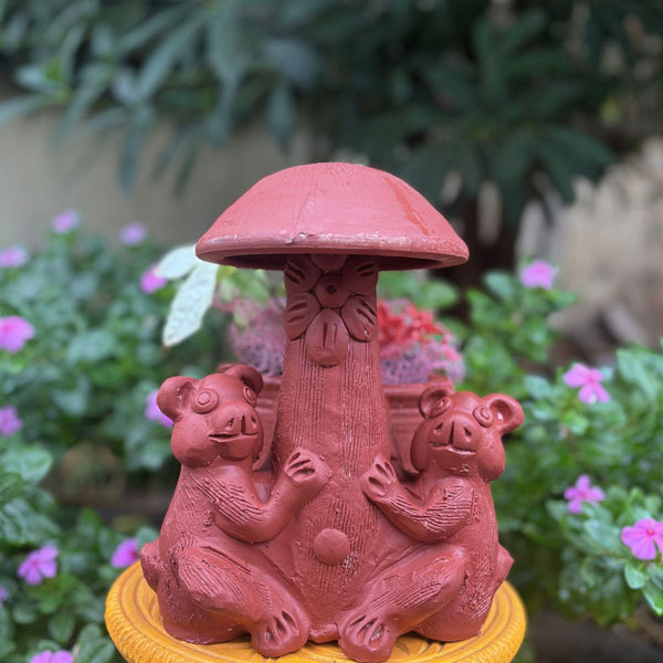 Terracotta Mushroom Planter with Pig & Pig  Design Rustic Indoor & Outdoor Décor
