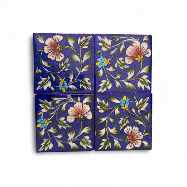 Blue Pottery Floral Handcrafted Decorative Tiles Set of 4
