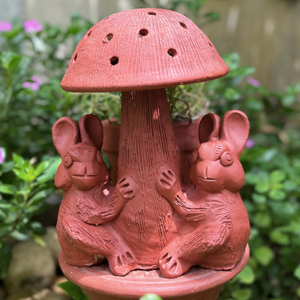 Terracotta Mushroom Planter with Rabbit & Rabbit Design Rustic Indoor & Outdoor Decor