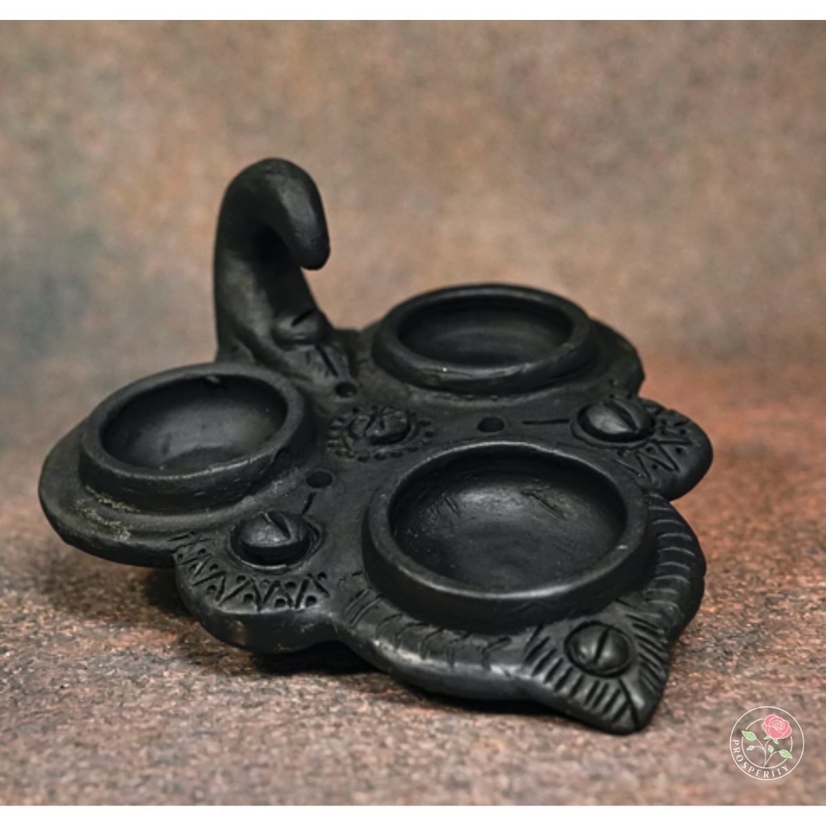 Sawai Madhopur Black Pottery Leaf Diya/ Haldi Kumkum Holder