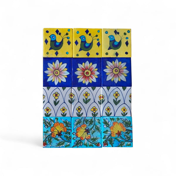 Blue Pottery Tiles Set of 12 Handcrafted Decorative Tiles (3" x 3")