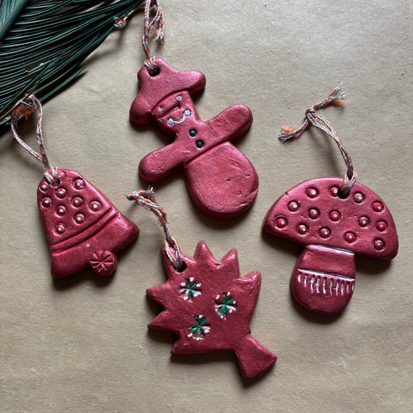 Handcrafted Terracotta Christmas Ornaments – Set of 4 | Glitter Red Festive Décor