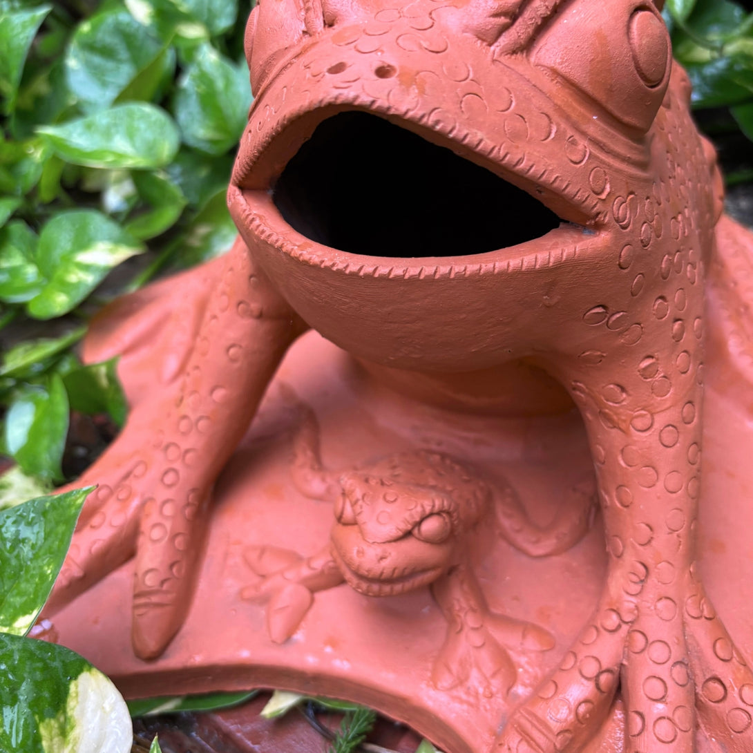 Terracotta sculpture of a frog family against a green leafy background