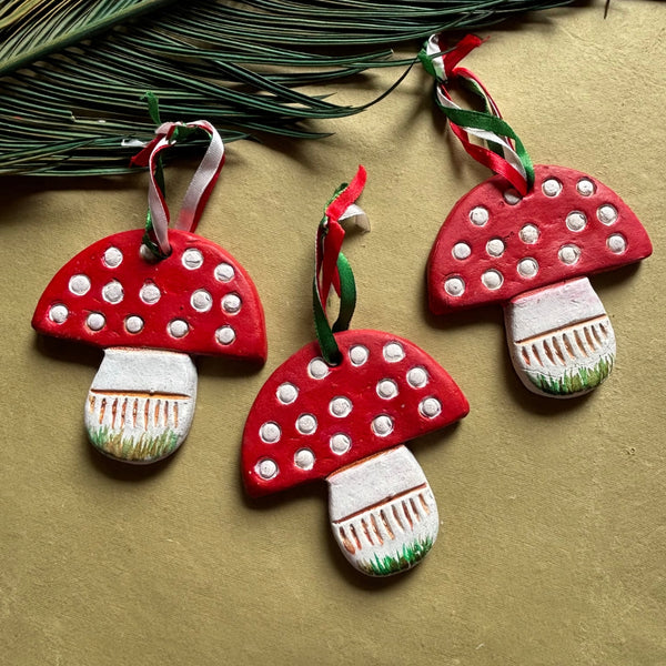 Handcrafted Terracotta Mushroom Christmas Ornaments | Set of 3 | Festive Red & White Décor