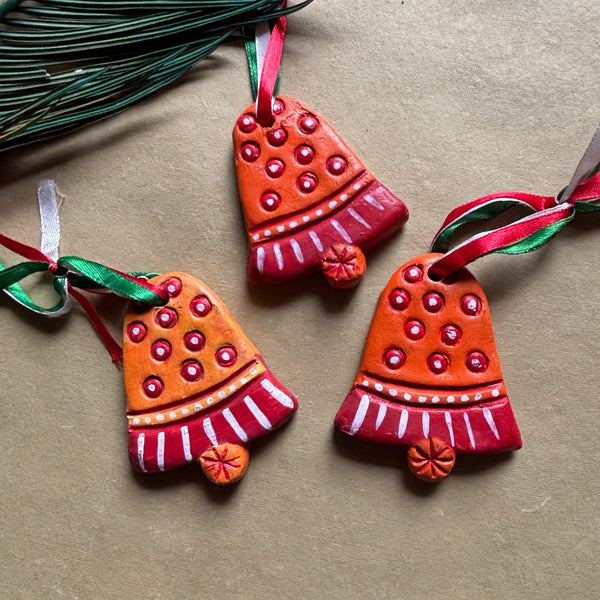 Handcrafted Terracotta Bell Christmas Ornaments - Set of 3