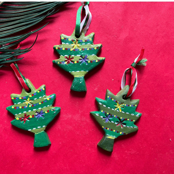 Handcrafted Terracotta Xmas Tree Ornaments - Set of 3
