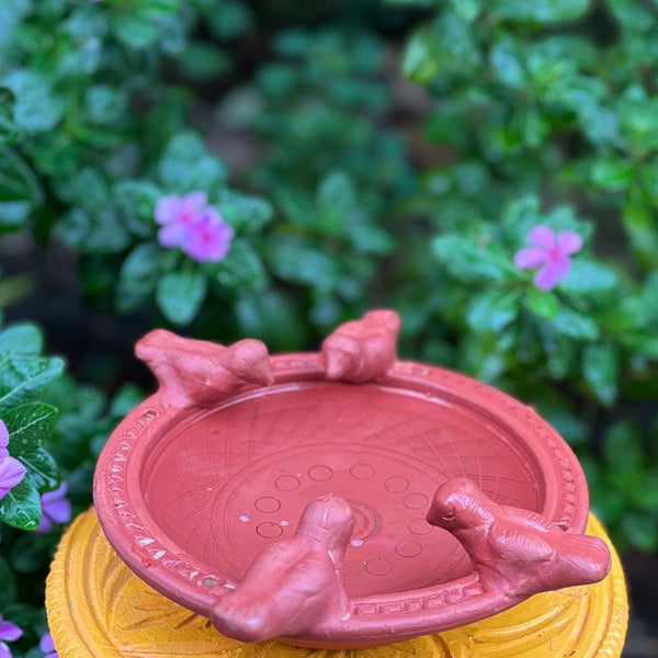 Handcrafted Hanging Terracotta Bird Water Pot & Feeder with Birds Design