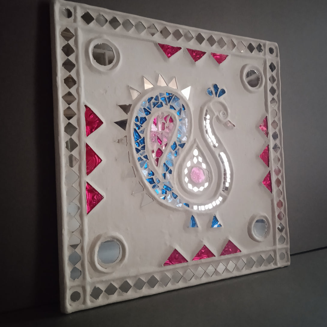 Peacock - Lippan/Mud n Mirror work frame ( 12" x 12" x 0.5")