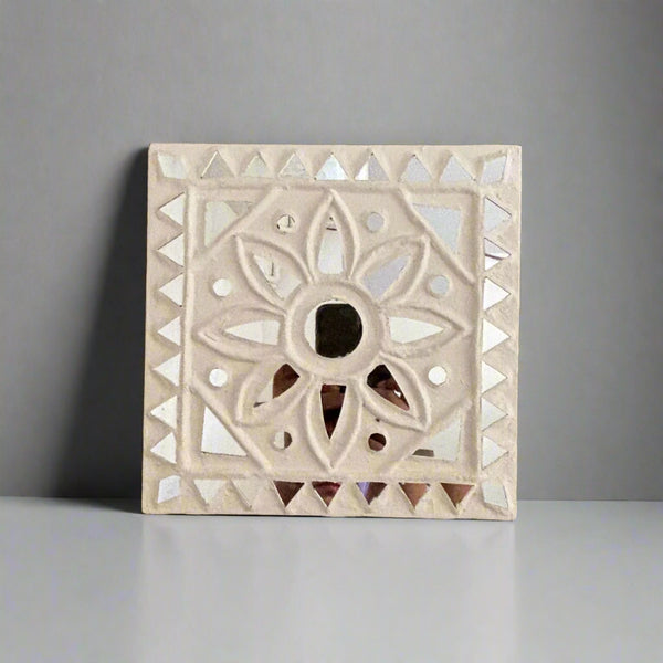 Traditional Lippan Art Floral Handcrafted Mud Mirror Work Frame -8"x 8"