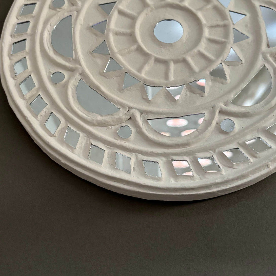 Rustic white mandala wall panel with mirror inlay, handmade craft