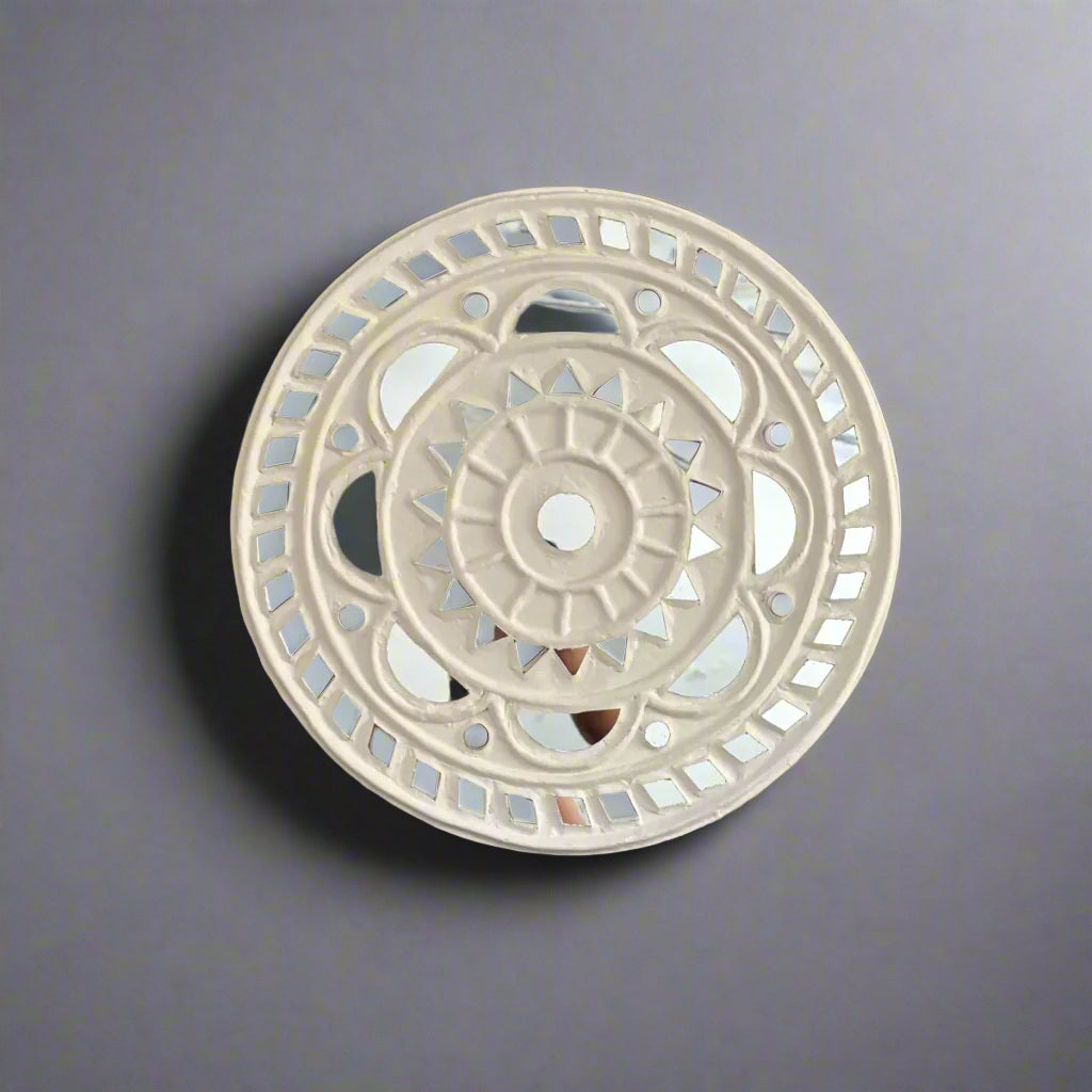 Ethnic Lippan art wall decor piece, round mandala mirror panel
