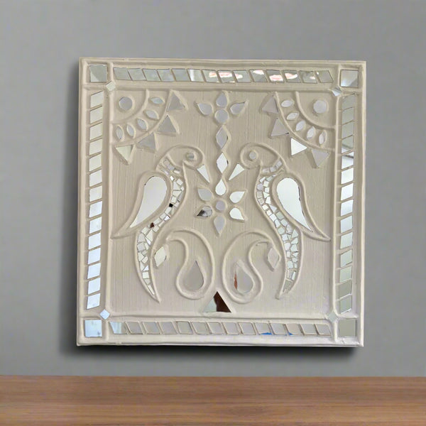 Traditional Lippan Art Parrot Handcrafted Mud Mirror Work Frame -12"x 12"