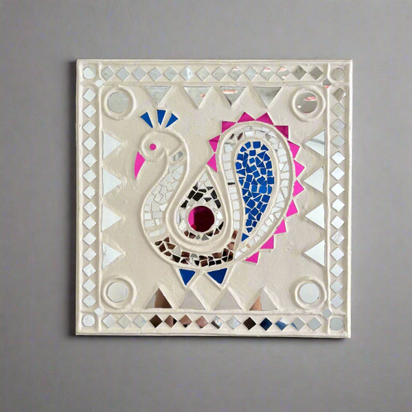 Peacock - Lippan/Mud n Mirror work frame ( 12" x 12" x 0.5")