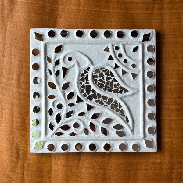 Traditional Bird Lippan Art Handcrafted Mud Mirror Work Frame -8"x 8"
