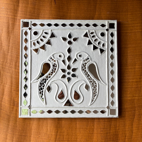 Traditional Lippan Art Parrot Handcrafted Mud Mirror Work Frame -12"x 12"