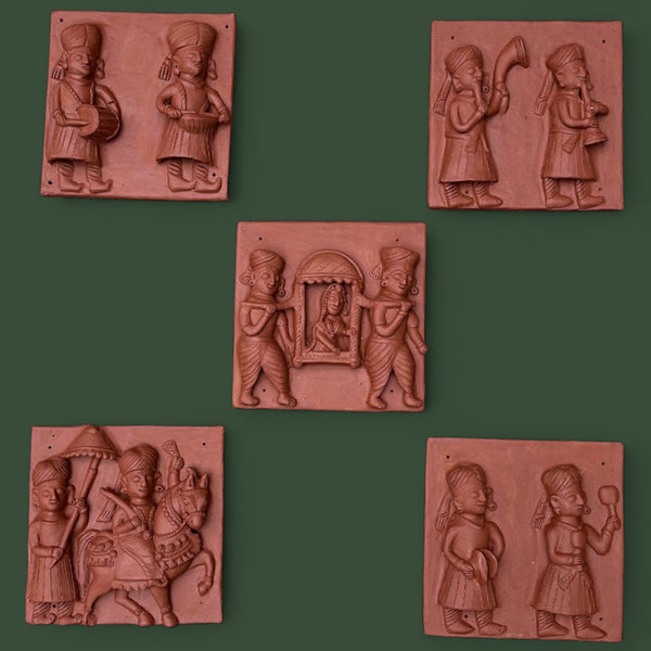 Dulha on the Move Indian Baraat Ritual Terracotta Mural Set of 5