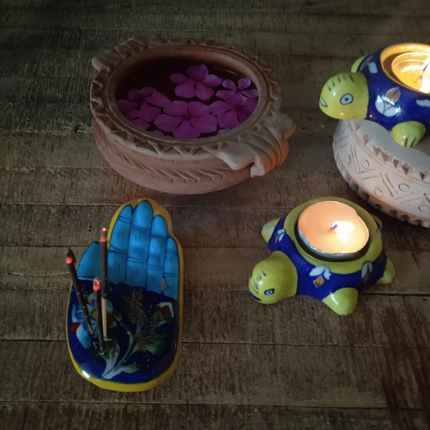 Blue Pottery Tortoise T Light Holder (Set of 2)  & Incense stick holder