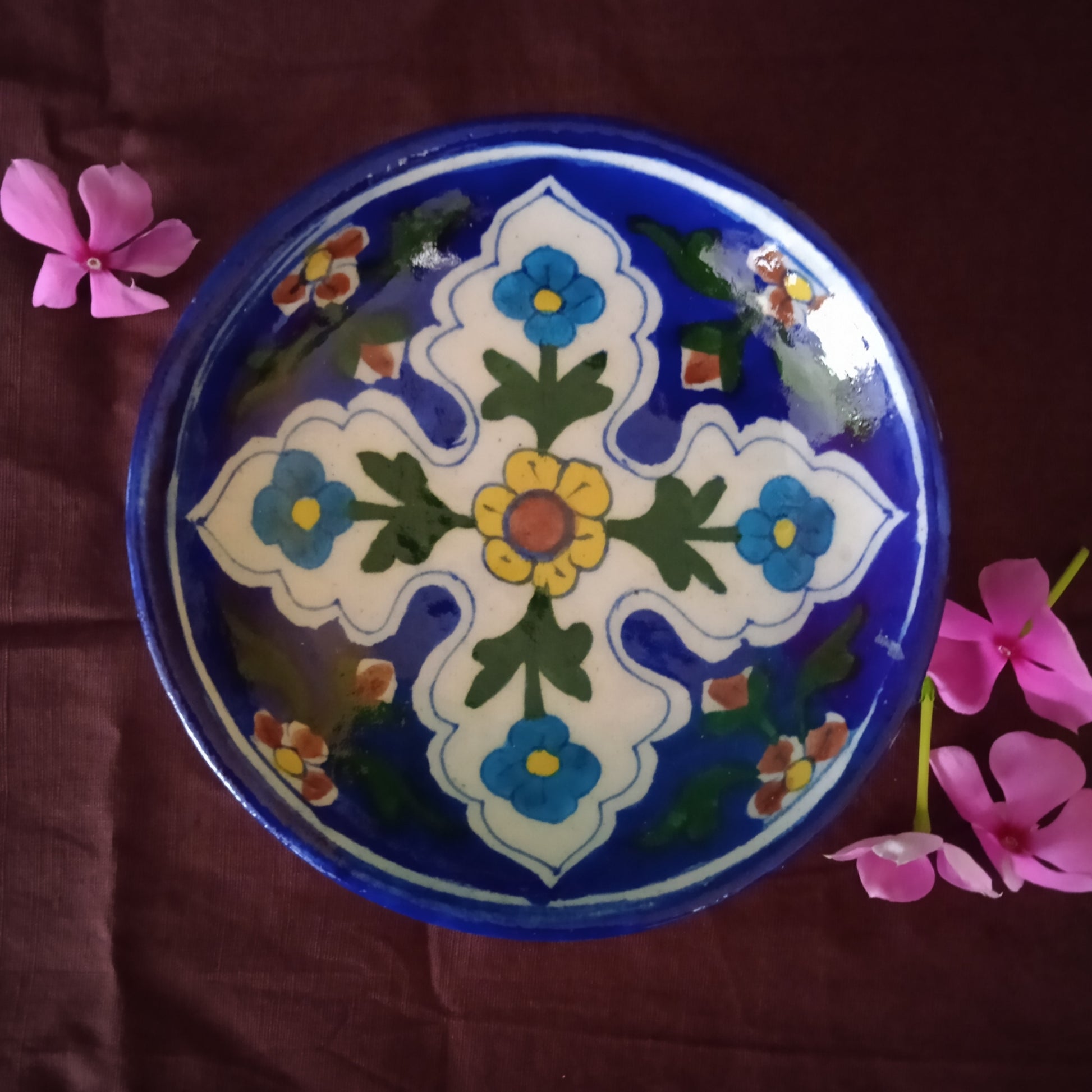 Blue Pottery 4" Plate + Leaf T Light holder ( Set of 2) - Blue