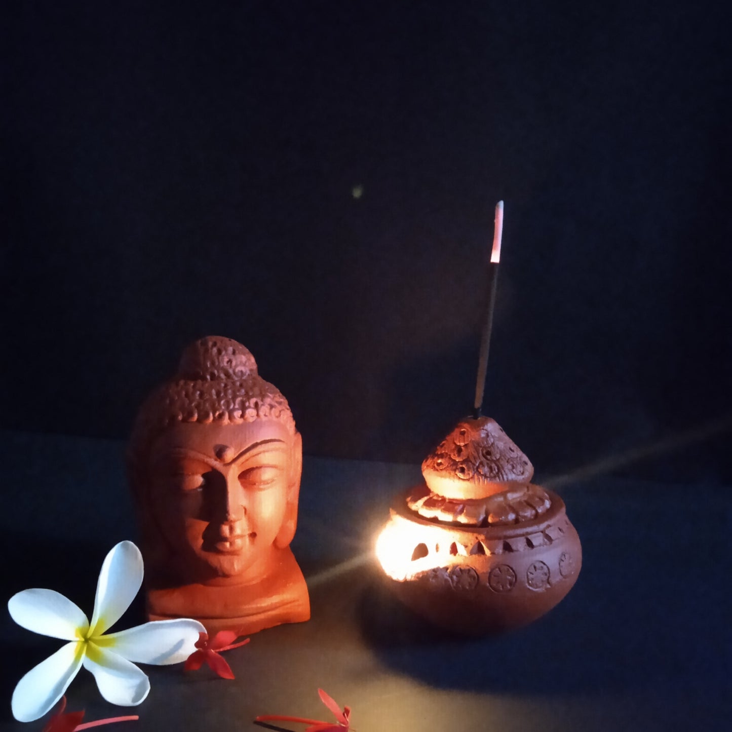 Terracotta Buddha Face + Diya