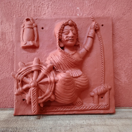 Terracotta Lady spinning a wheel-Charkha Panel
