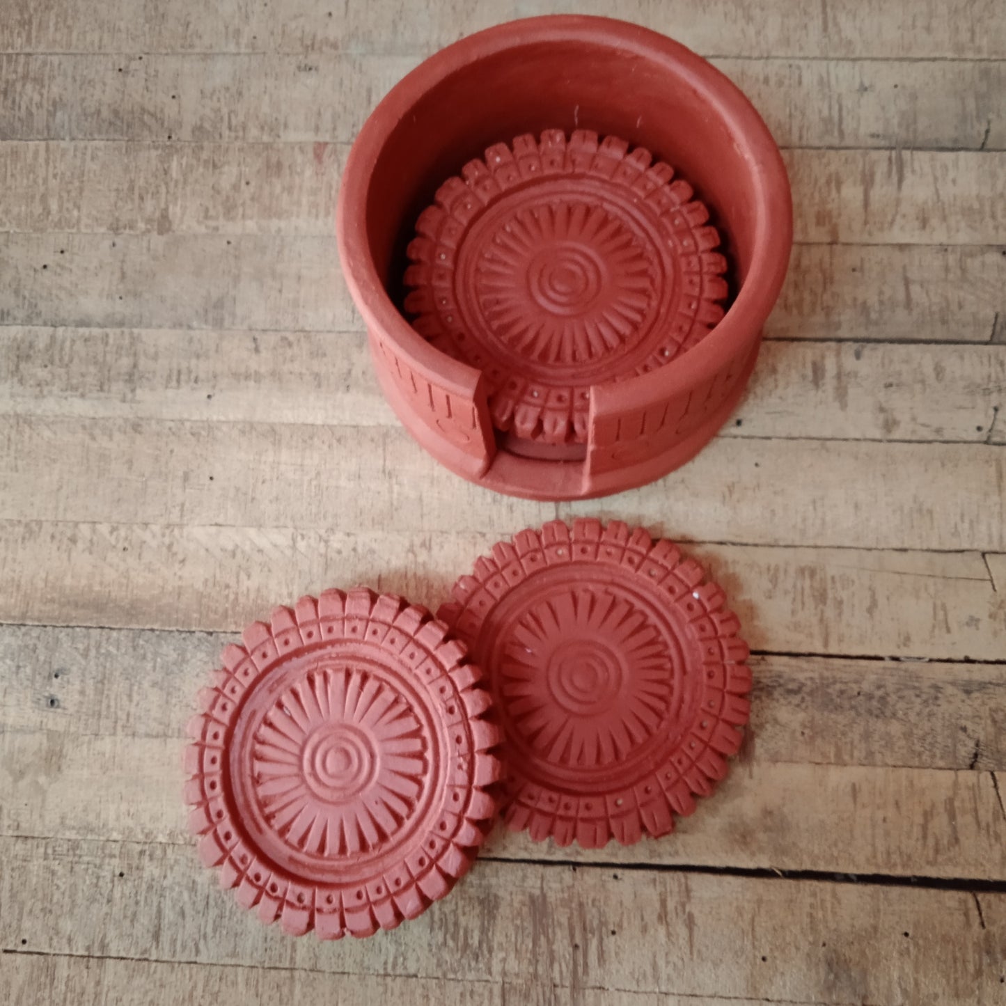 Terracotta Mandala Coasters with a stand - Set of 4