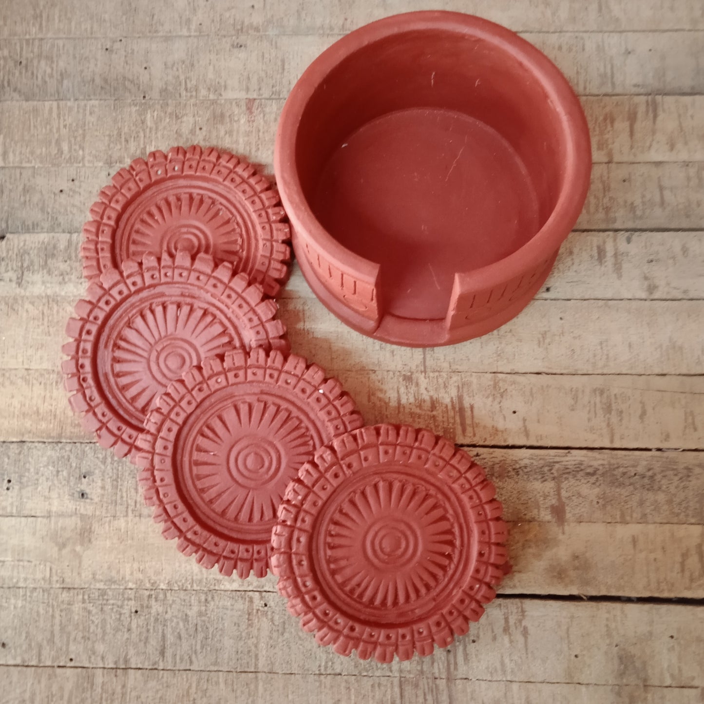 Terracotta Mandala Coasters with a stand - Set of 4
